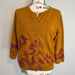 Elegant Mustard Cardigan Bird Motif Boho Cottagecore